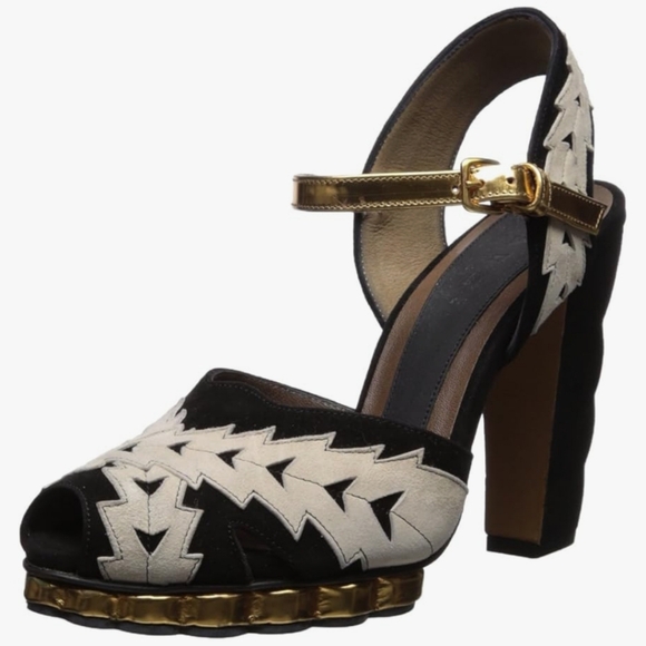 Marni Size 40 New in Box Strappy Gold Peep Toe Black and White Heels Sandals - Picture 2 of 12